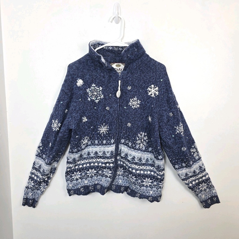 Vintage Tiara Blue White Snowflake Embroidered Beaded Zip Up Winter Sweater Sz M